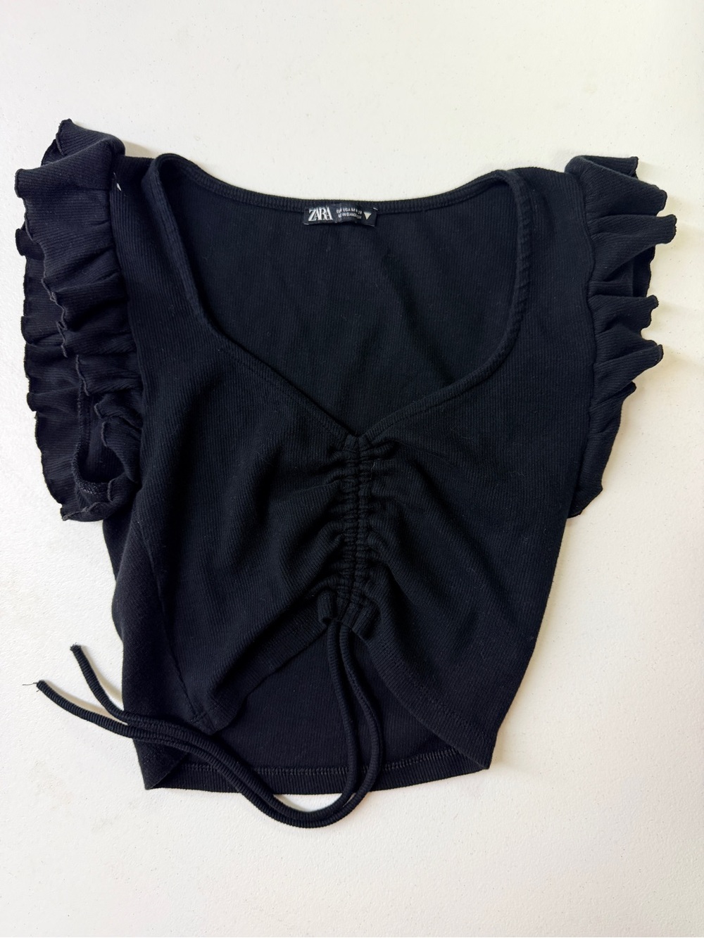 Zara Black Ribbed Ruched Tie Front Ruffle Sleeve Crop Top Size M